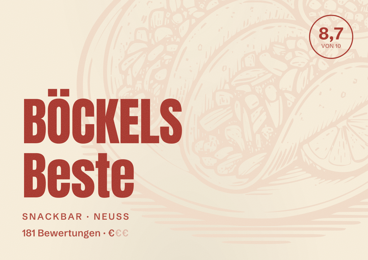 Illustriertes Poster von BÖCKELS Beste, Snackbar in Neuss: Bewertung 8,7 von 10 aus 181 Bewertungen, Preisniveau €