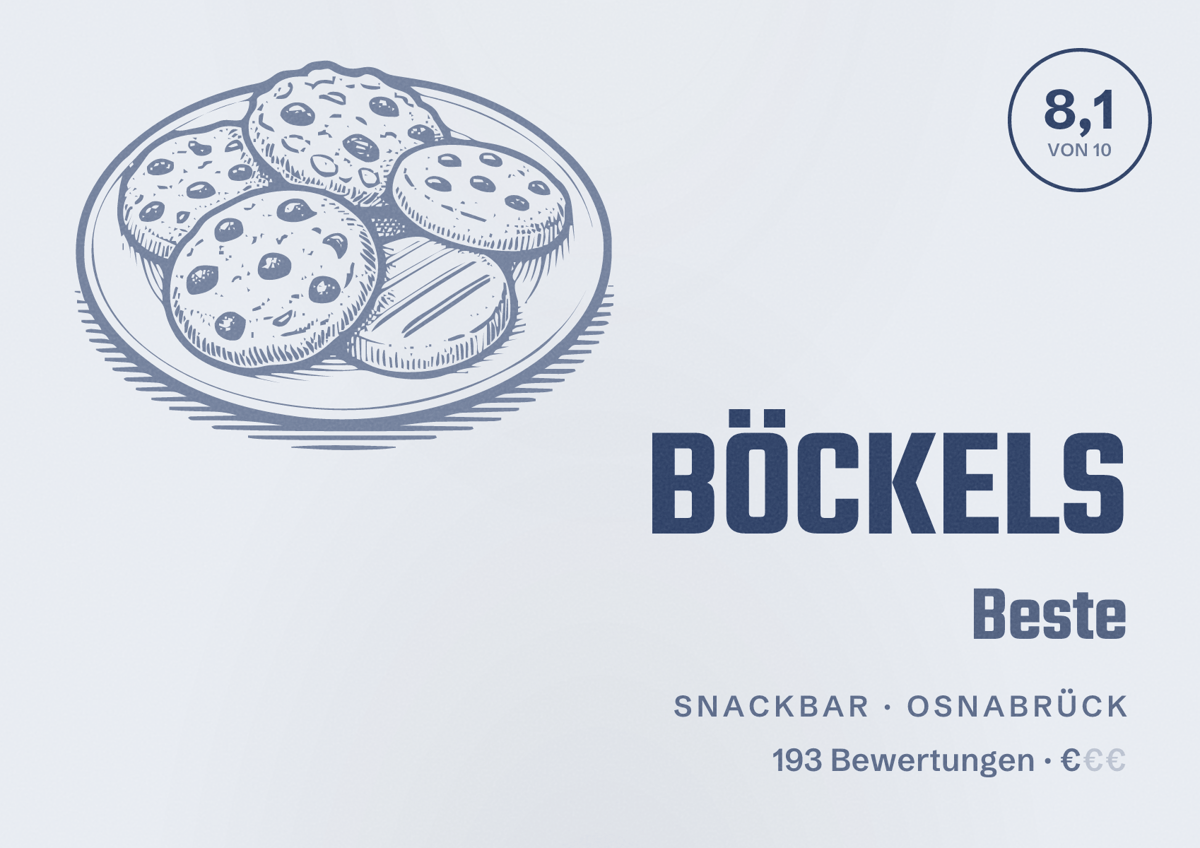 Illustriertes Poster von BÖCKELS Beste, Snackbar in Osnabrück: Bewertung 8,1 von 10 aus 193 Bewertungen, Preisniveau €