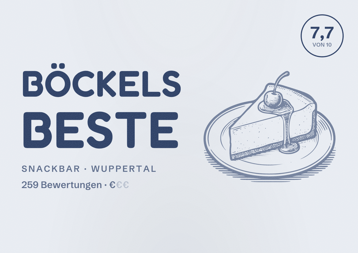 Illustriertes Poster von BÖCKELS Beste, Snackbar in Wuppertal: Bewertung 7,7 von 10 aus 259 Bewertungen, Preisniveau €