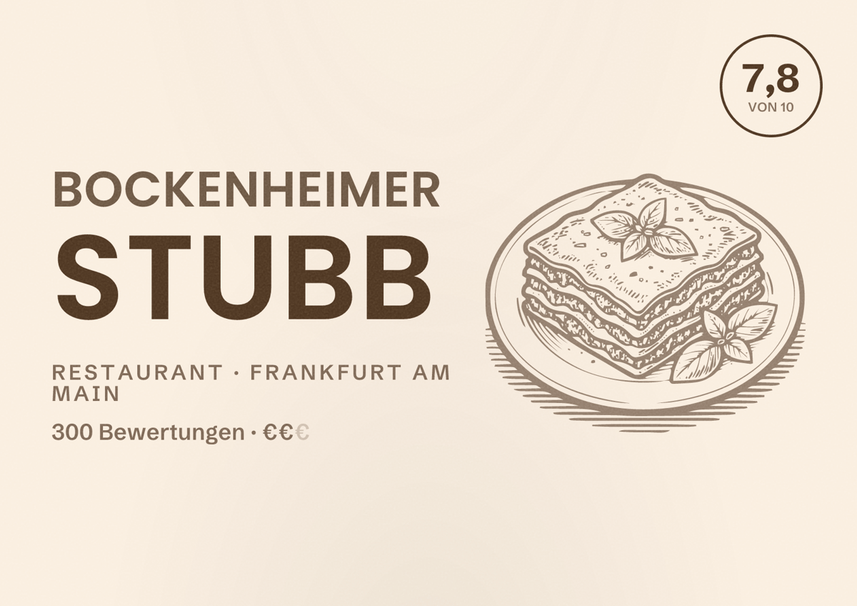 Illustriertes Poster von Bockenheimer Stubb, Restaurant in Frankfurt am Main: Bewertung 7,8 von 10 aus 300 Bewertungen, Preisniveau €€