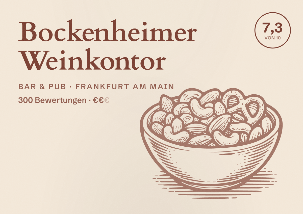 Illustriertes Poster von Bockenheimer Weinkontor, Bar & Pub in Frankfurt am Main: Bewertung 7,3 von 10 aus 300 Bewertungen, Preisniveau €€