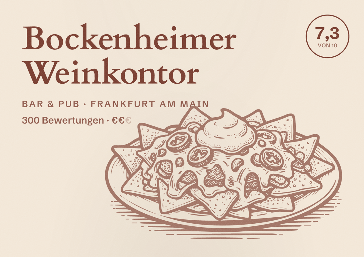Illustriertes Poster von Bockenheimer Weinkontor, Bar & Pub in Frankfurt am Main: Bewertung 7,3 von 10 aus 300 Bewertungen, Preisniveau €€
