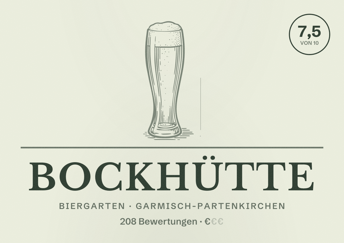 Illustriertes Poster von Bockhütte, Biergarten in Garmisch-Partenkirchen: Bewertung 7,5 von 10 aus 208 Bewertungen, Preisniveau €
