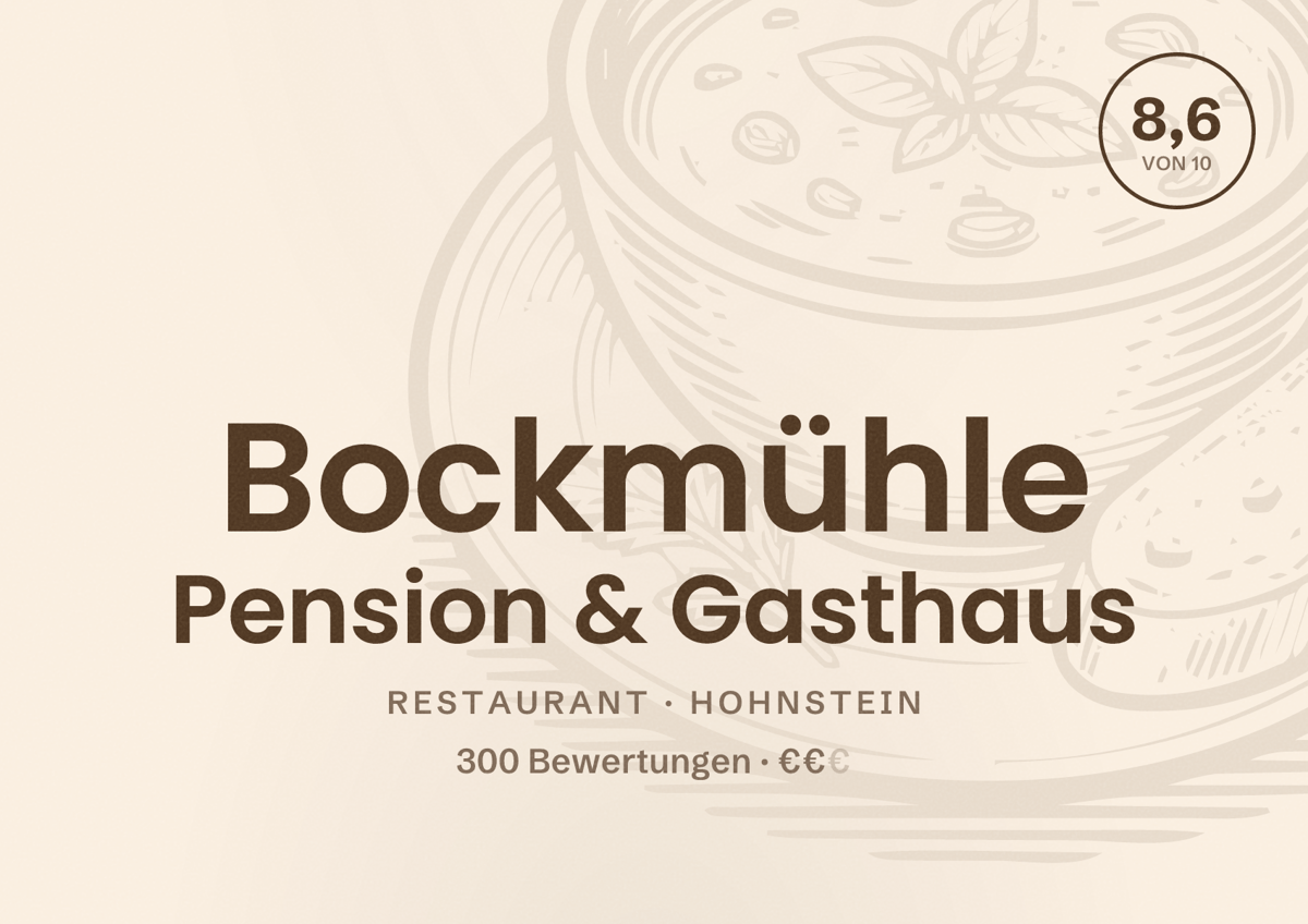 Illustriertes Poster von Bockmühle Pension & Gasthaus, Restaurant in Hohnstein: Bewertung 8,6 von 10 aus 300 Bewertungen, Preisniveau €€