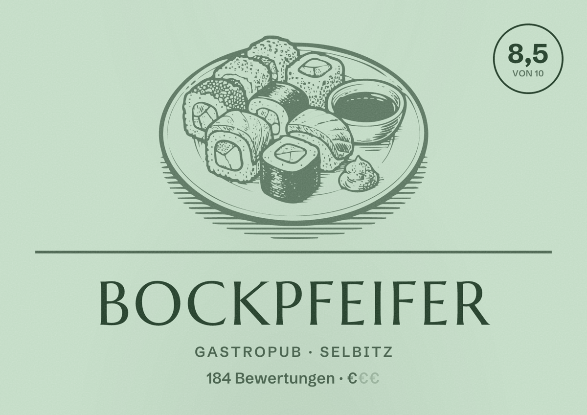 Illustriertes Poster von Bockpfeifer, Gastropub in Selbitz: Bewertung 8,5 von 10 aus 184 Bewertungen, Preisniveau €