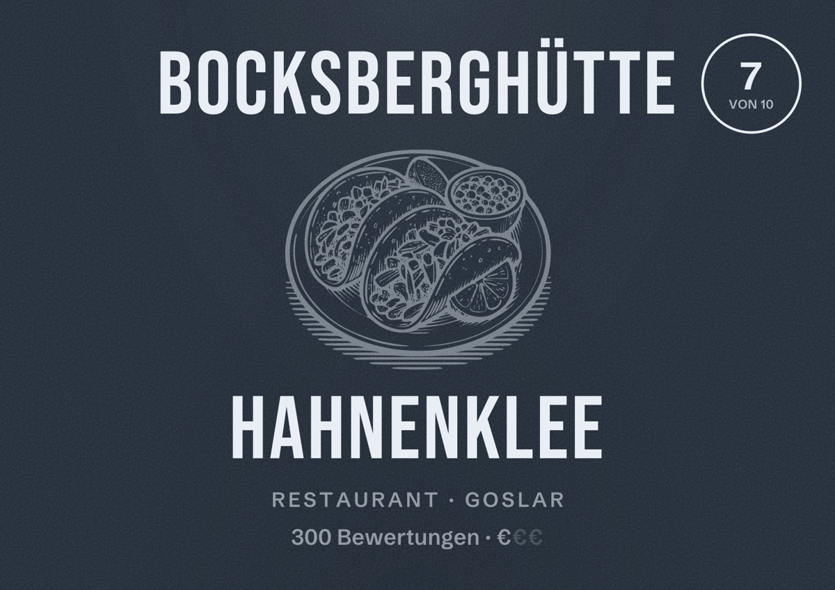 Illustriertes Poster von Bocksberghütte Hahnenklee, Restaurant in Goslar: Bewertung 7 von 10 aus 300 Bewertungen, Preisniveau €