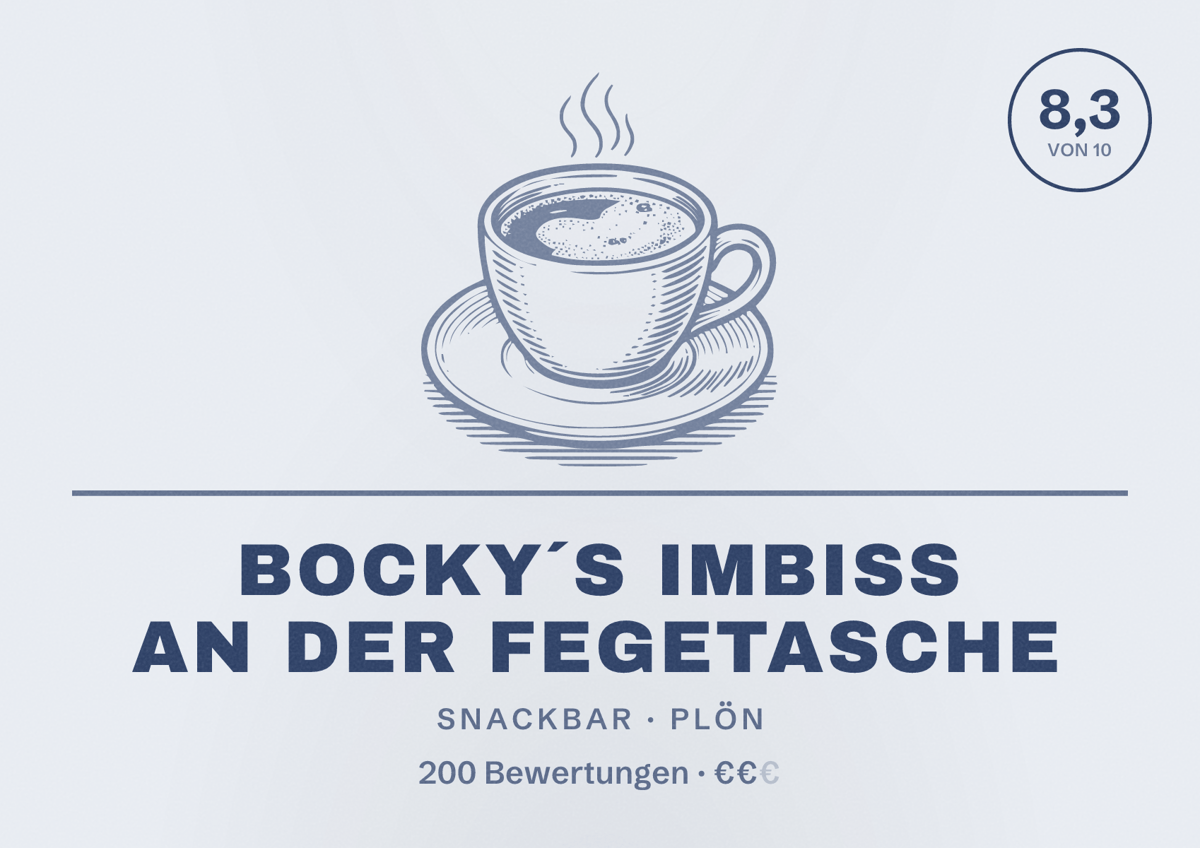 Illustriertes Poster von Bocky´s Imbiss an der Fegetasche, Snackbar in Plön: Bewertung 8,3 von 10 aus 200 Bewertungen, Preisniveau €€