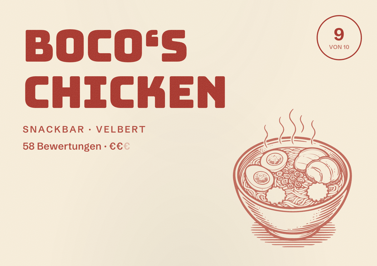 Illustriertes Poster von Boco‘s Chicken, Snackbar in Velbert: Bewertung 9 von 10 aus 58 Bewertungen, Preisniveau €€