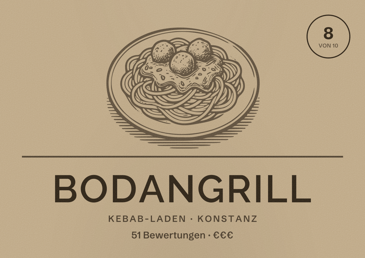 Illustriertes Poster von Bodangrill, Kebab-Laden in Konstanz: Bewertung 8 von 10 aus 51 Bewertungen, Preisniveau €€€