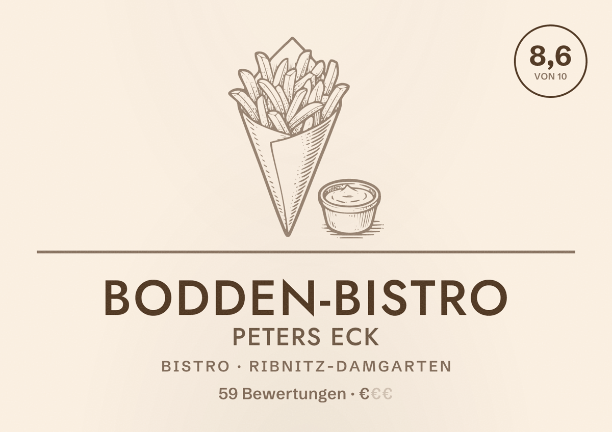 Illustriertes Poster von Bodden-Bistro Peters Eck, Bistro in Ribnitz-Damgarten: Bewertung 8,6 von 10 aus 59 Bewertungen, Preisniveau €