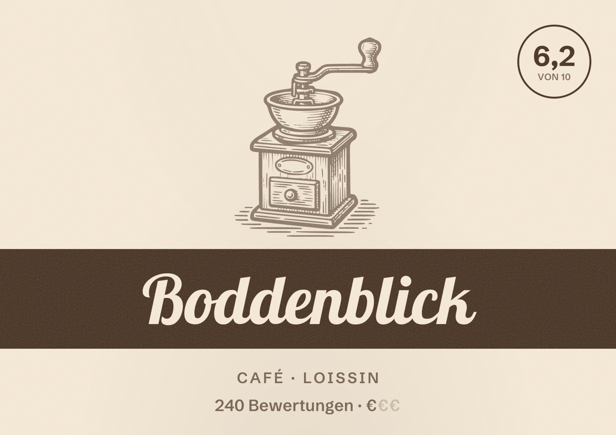 Illustriertes Poster von Boddenblick, Café in Loissin: Bewertung 6,2 von 10 aus 240 Bewertungen, Preisniveau €