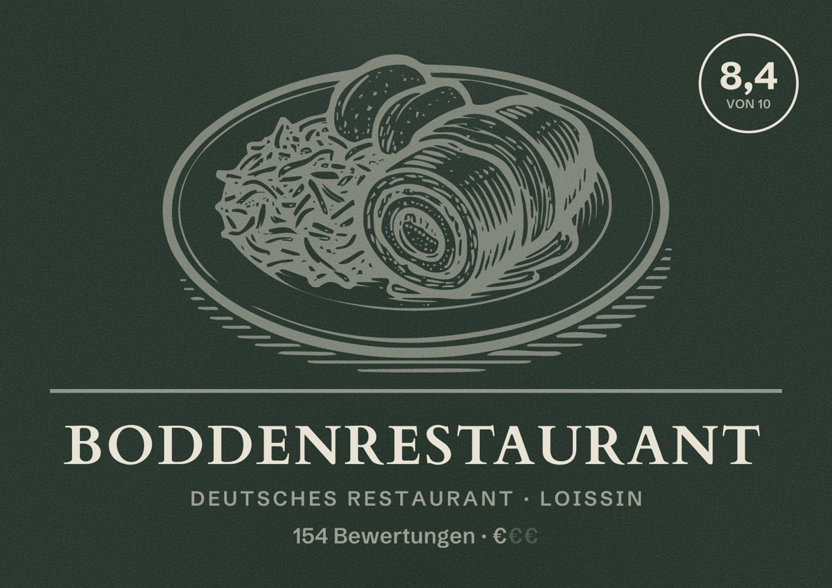 Illustriertes Poster von Boddenrestaurant, Deutsches Restaurant in Loissin: Bewertung 8,4 von 10 aus 154 Bewertungen, Preisniveau €