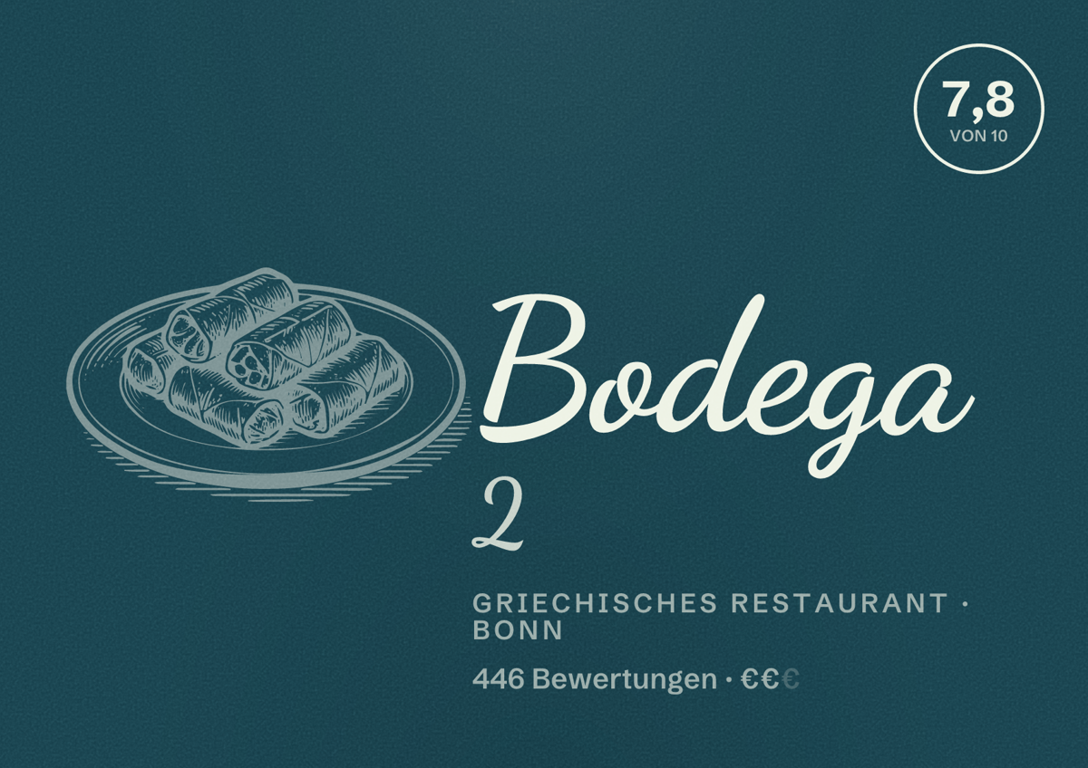 Illustriertes Poster von Bodega 2, Griechisches Restaurant in Bonn: Bewertung 7,8 von 10 aus 446 Bewertungen, Preisniveau €€