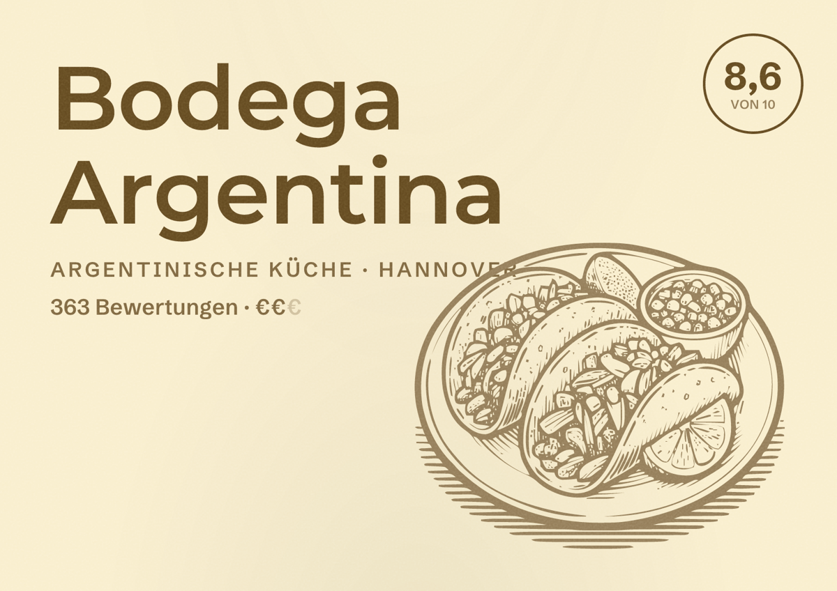 Illustriertes Poster von Bodega Argentina, Argentinische Küche in Hannover: Bewertung 8,6 von 10 aus 363 Bewertungen, Preisniveau €€