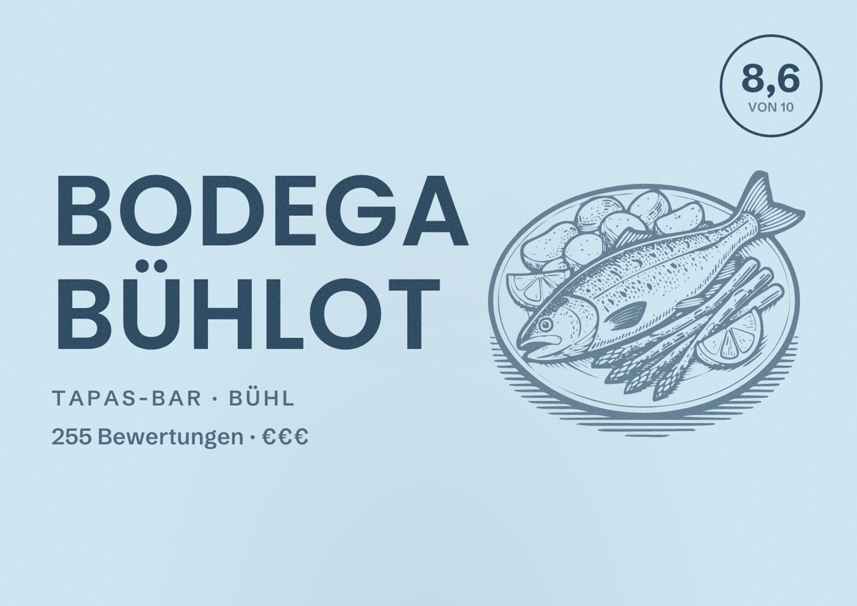 Illustriertes Poster von Bodega Bühlot, Tapas-Bar in Bühl: Bewertung 8,6 von 10 aus 255 Bewertungen, Preisniveau €€€