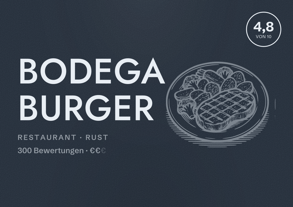 Illustriertes Poster von Bodega Burger, Restaurant in Rust: Bewertung 4,8 von 10 aus 300 Bewertungen, Preisniveau €€