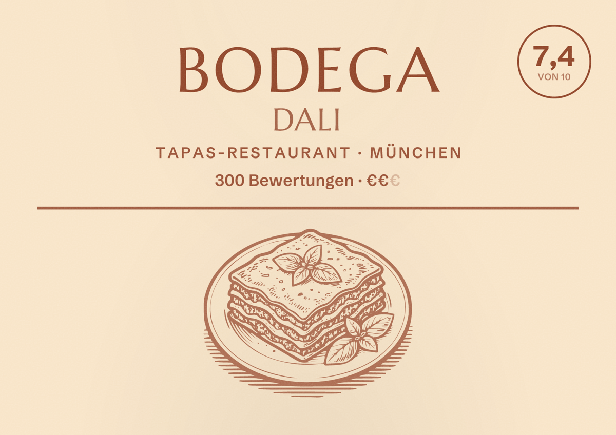 Illustriertes Poster von Bodega Dali, Tapas-Restaurant in München: Bewertung 7,4 von 10 aus 300 Bewertungen, Preisniveau €€