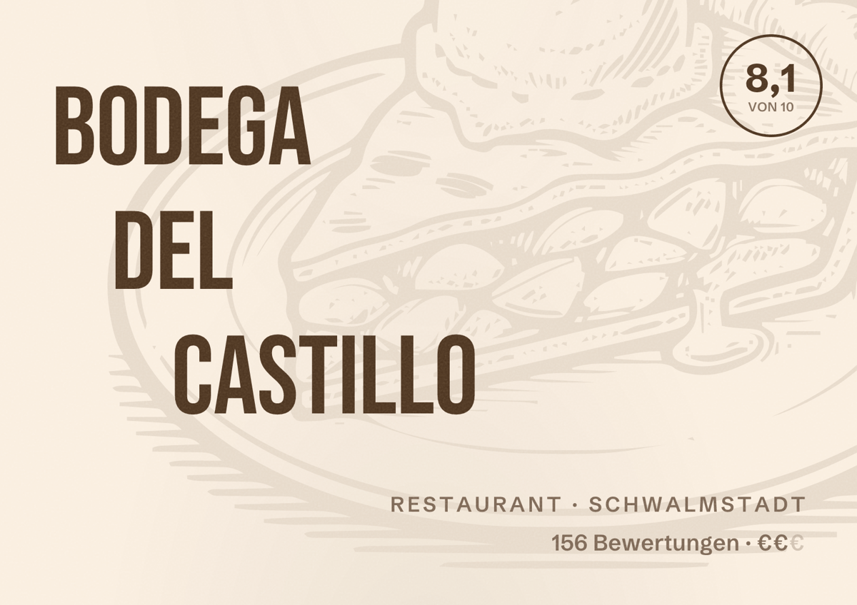 Illustriertes Poster von Bodega del Castillo, Restaurant in Schwalmstadt: Bewertung 8,1 von 10 aus 156 Bewertungen, Preisniveau €€