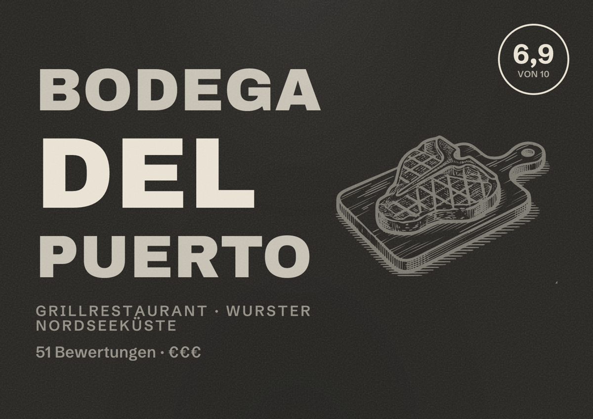 Illustriertes Poster von Bodega del Puerto, Grillrestaurant in Wurster Nordseeküste: Bewertung 6,9 von 10 aus 51 Bewertungen, Preisniveau €€€