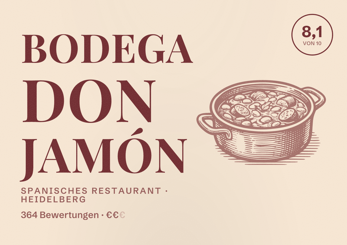 Illustriertes Poster von Bodega Don Jamón, Spanisches Restaurant in Heidelberg: Bewertung 8,1 von 10 aus 364 Bewertungen, Preisniveau €€