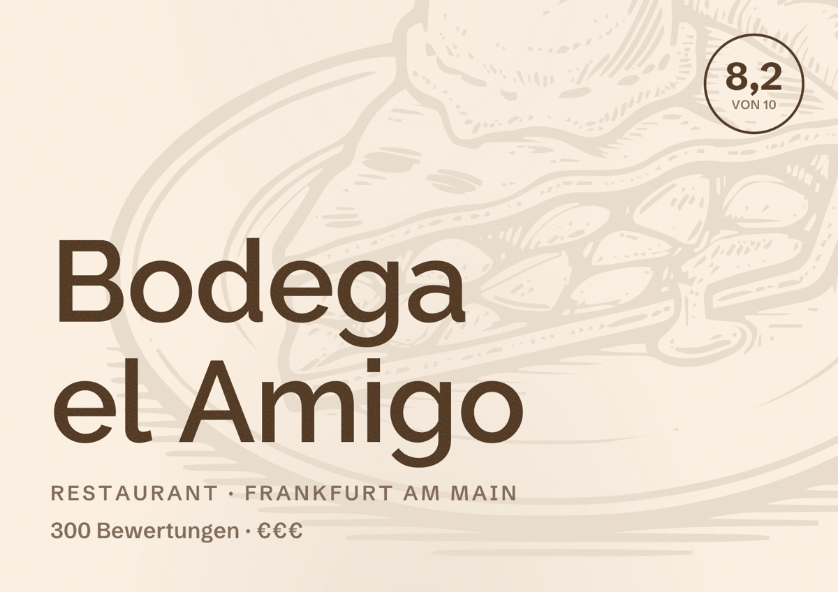 Illustriertes Poster von Bodega el Amigo, Restaurant in Frankfurt am Main: Bewertung 8,2 von 10 aus 300 Bewertungen, Preisniveau €€€