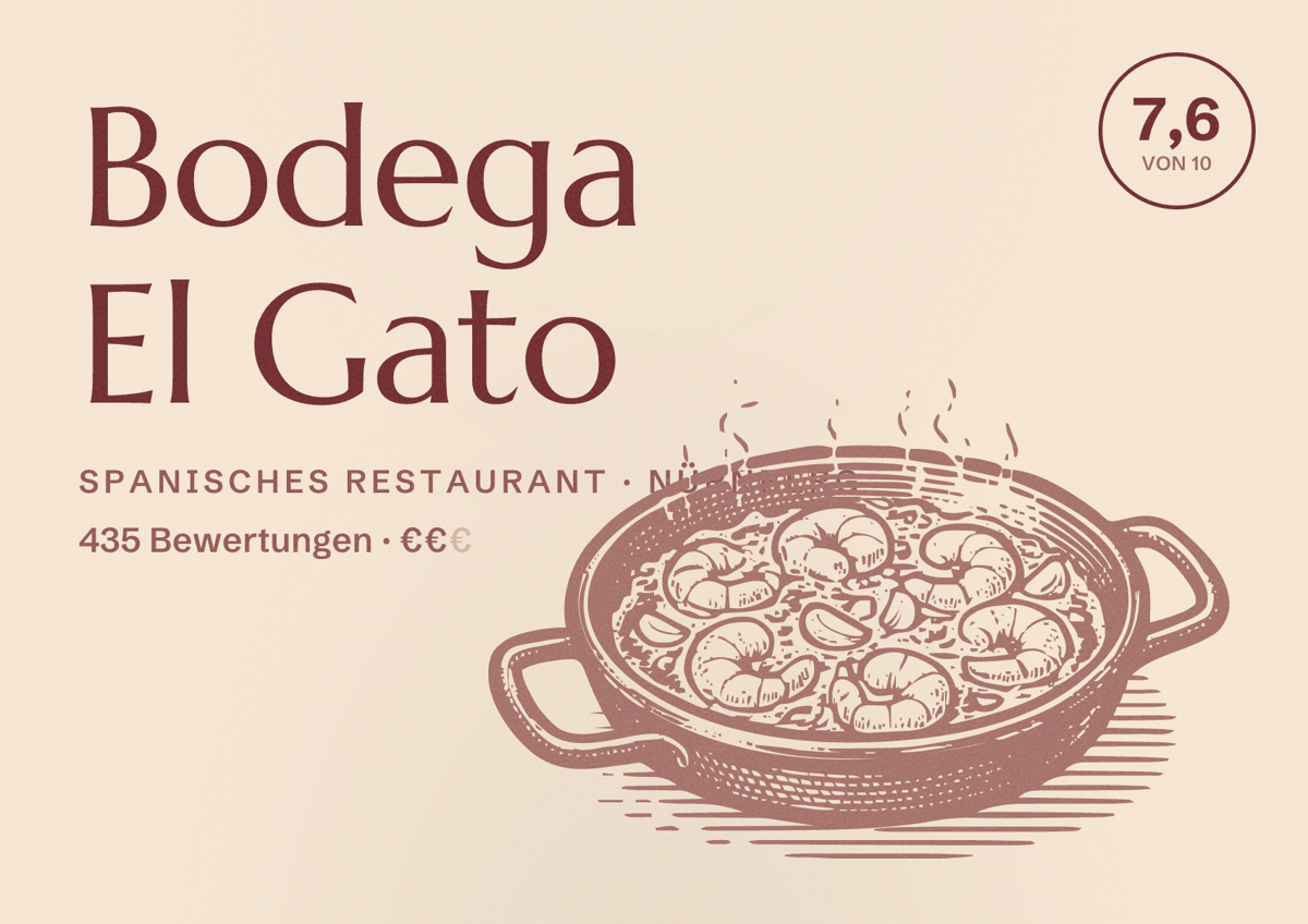 Illustriertes Poster von Bodega El Gato, Spanisches Restaurant in Nürnberg: Bewertung 7,6 von 10 aus 435 Bewertungen, Preisniveau €€