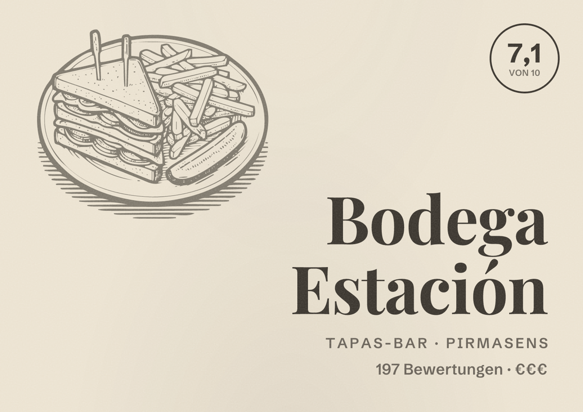 Illustriertes Poster von Bodega Estación, Tapas-Bar in Pirmasens: Bewertung 7,1 von 10 aus 197 Bewertungen, Preisniveau €€€