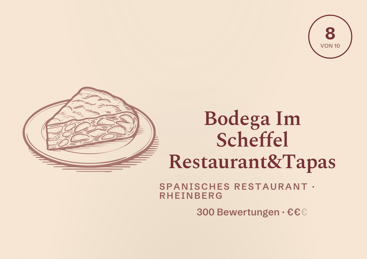 Illustriertes Poster von Bodega Im Scheffel Restaurant&Tapas, Spanisches Restaurant in Rheinberg: Bewertung 8 von 10 aus 300 Bewertungen, Preisniveau €€