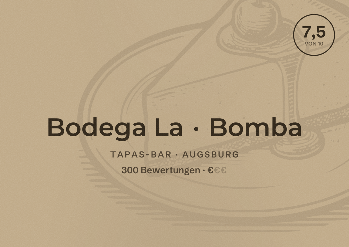 Illustriertes Poster von Bodega La Bomba, Tapas-Bar in Augsburg: Bewertung 7,5 von 10 aus 300 Bewertungen, Preisniveau €