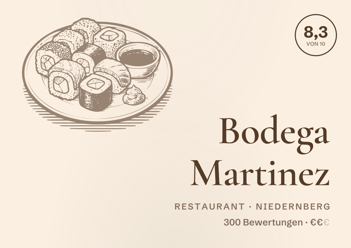 Illustriertes Poster von Bodega Martinez, Restaurant in Niedernberg: Bewertung 8,3 von 10 aus 300 Bewertungen, Preisniveau €€