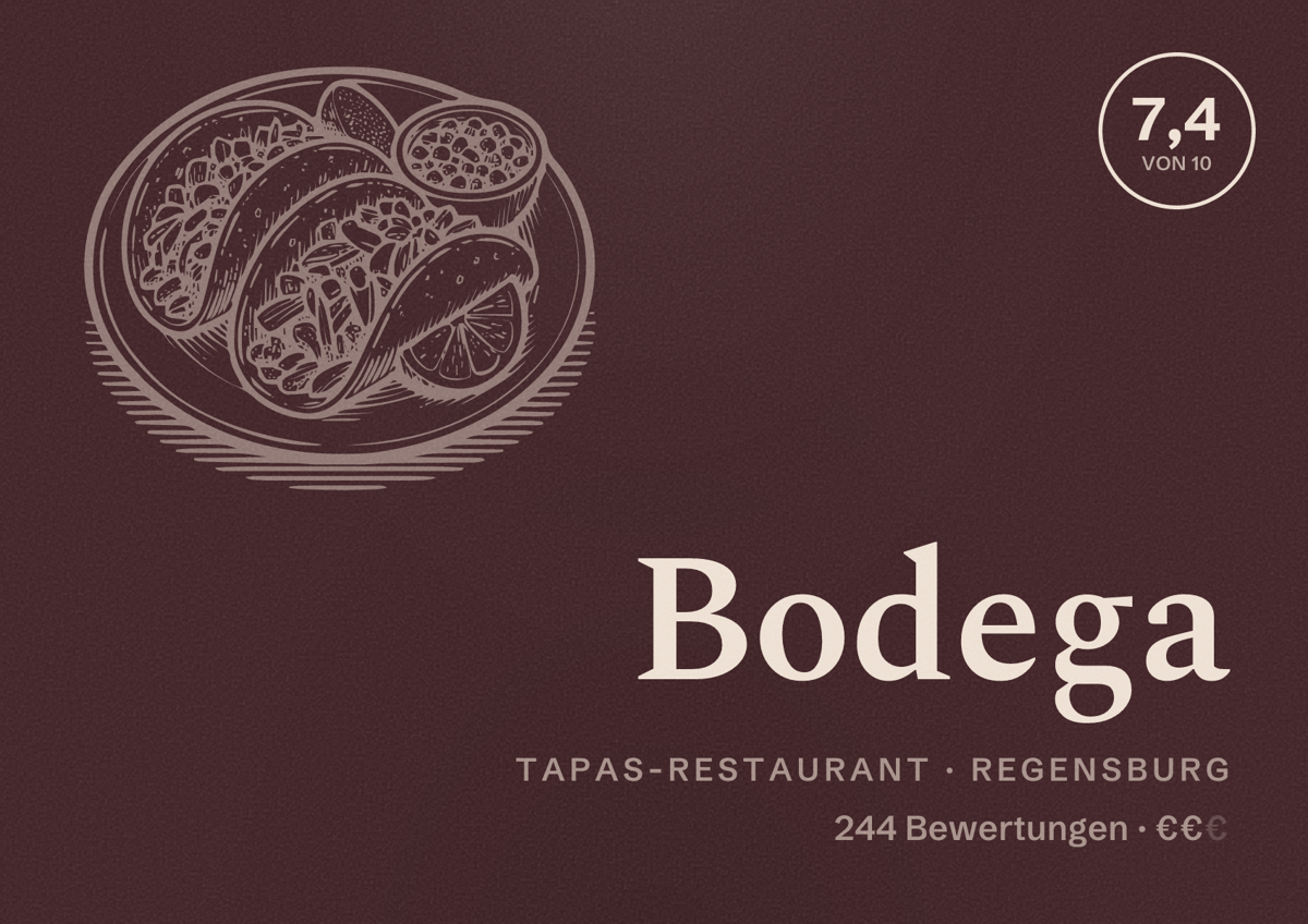 Illustriertes Poster von Bodega, Tapas-Restaurant in Regensburg: Bewertung 7,4 von 10 aus 244 Bewertungen, Preisniveau €€