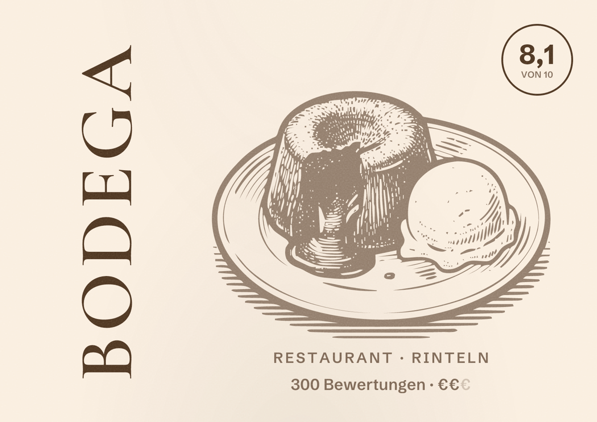 Illustriertes Poster von Bodega, Restaurant in Rinteln: Bewertung 8,1 von 10 aus 300 Bewertungen, Preisniveau €€
