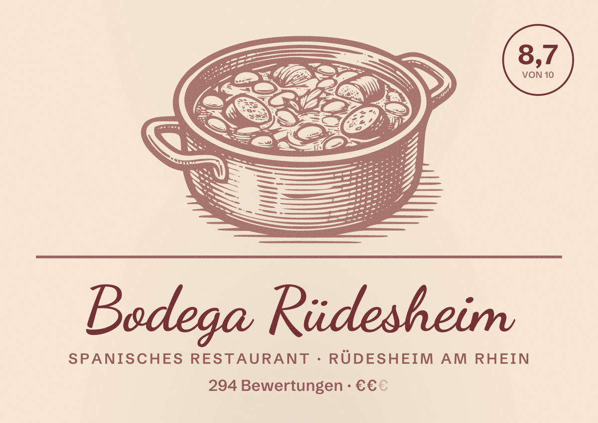 Illustriertes Poster von Bodega Rüdesheim, Spanisches Restaurant in Rüdesheim am Rhein: Bewertung 8,7 von 10 aus 294 Bewertungen, Preisniveau €€