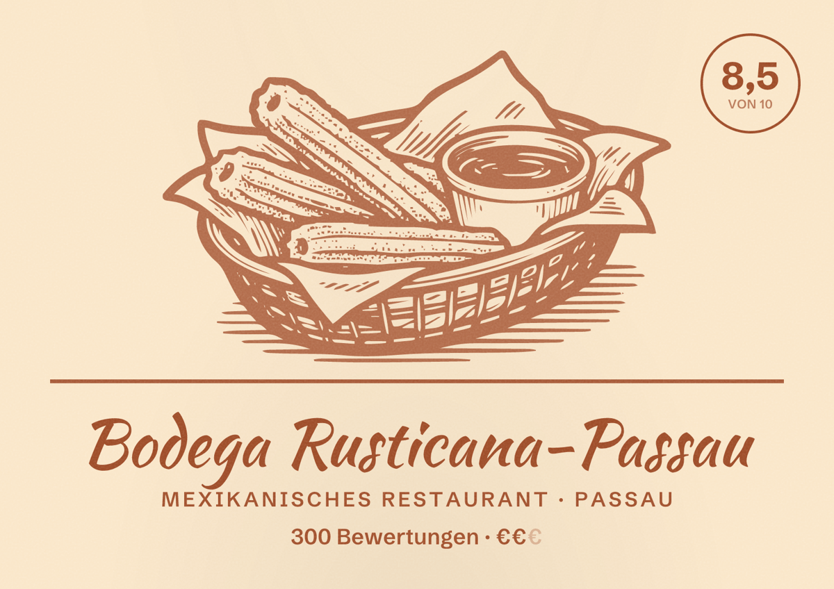 Illustriertes Poster von Bodega Rusticana-Passau, Mexikanisches Restaurant in Passau: Bewertung 8,5 von 10 aus 300 Bewertungen, Preisniveau €€