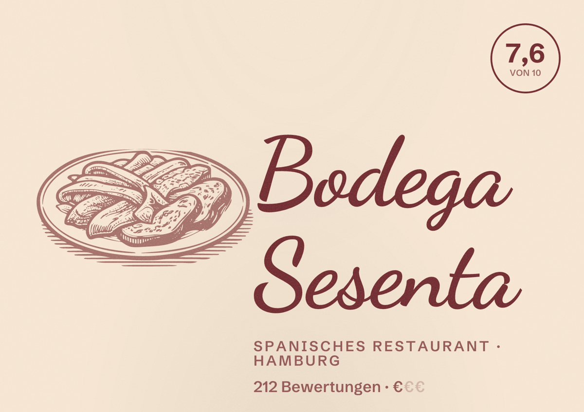 Illustriertes Poster von Bodega Sesenta, Spanisches Restaurant in Hamburg: Bewertung 7,6 von 10 aus 212 Bewertungen, Preisniveau €