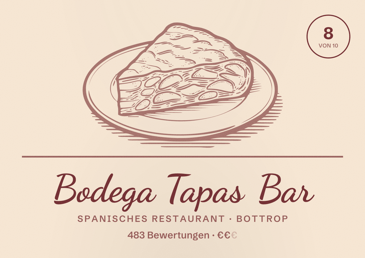 Illustriertes Poster von Bodega Tapas Bar, Spanisches Restaurant in Bottrop: Bewertung 8,0 von 10 aus 483 Bewertungen, Preisniveau €€
