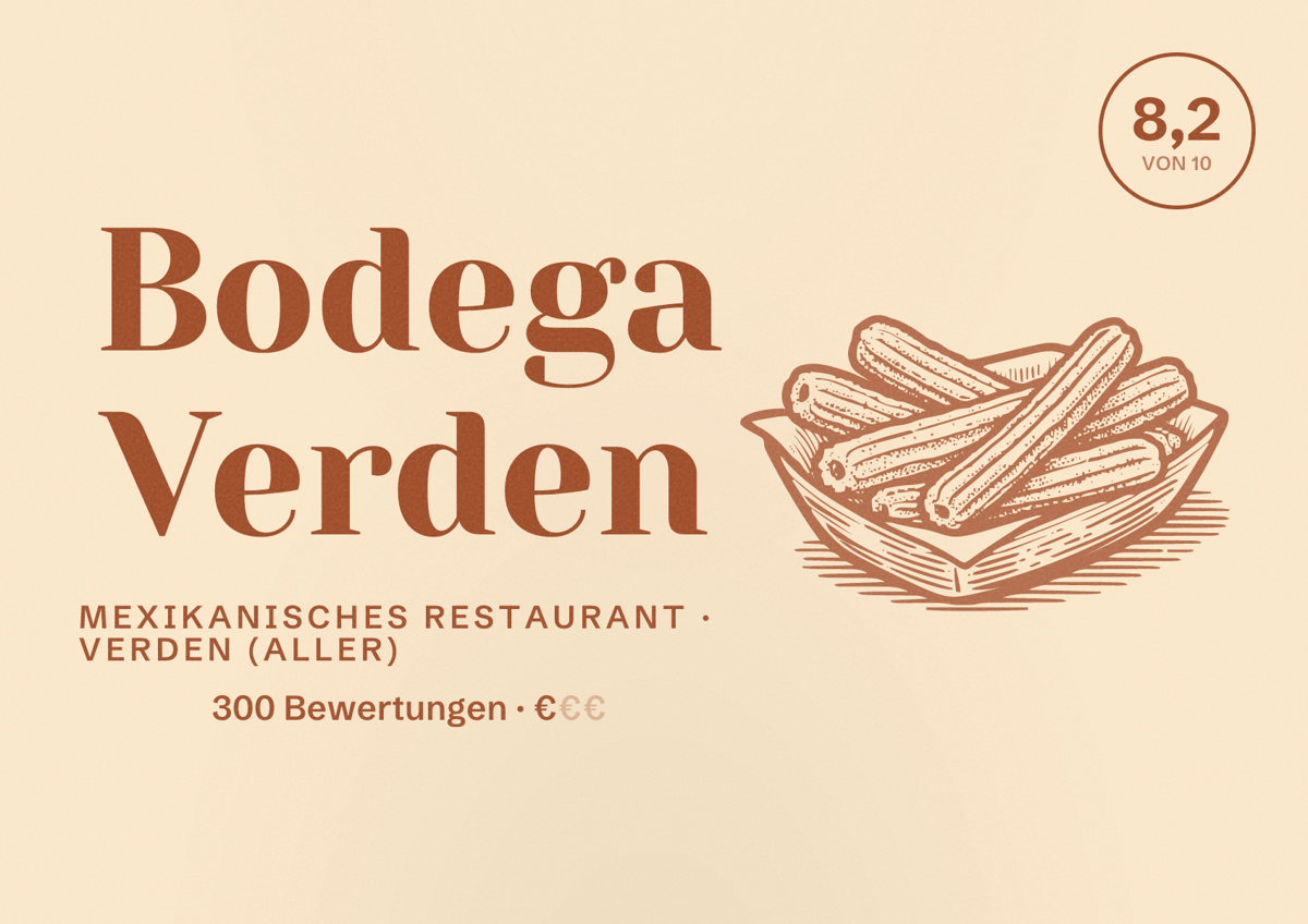 Illustriertes Poster von Bodega Verden, Mexikanisches Restaurant in Verden (Aller): Bewertung 8,2 von 10 aus 300 Bewertungen, Preisniveau €