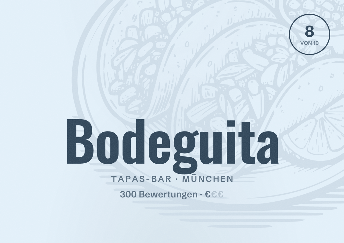 Illustriertes Poster von Bodeguita, Tapas-Bar in München: Bewertung 8,0 von 10 aus 300 Bewertungen, Preisniveau €