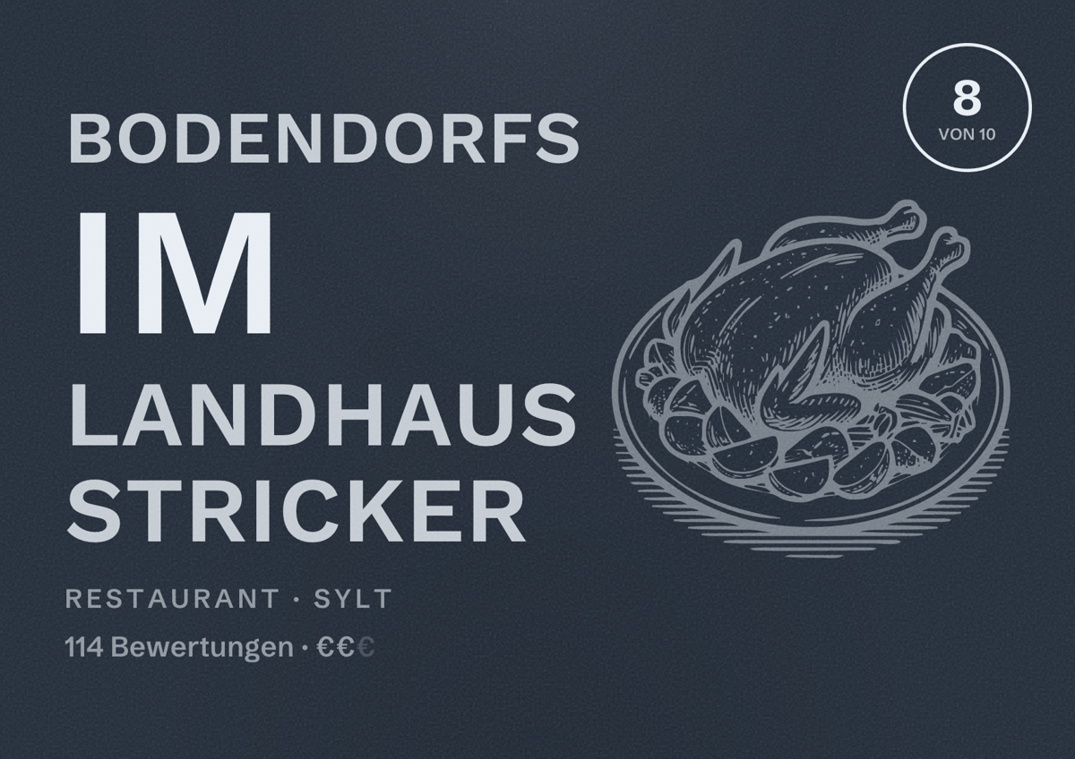 Illustriertes Poster von Bodendorfs im Landhaus Stricker, Restaurant in Sylt: Bewertung 8 von 10 aus 114 Bewertungen, Preisniveau €€