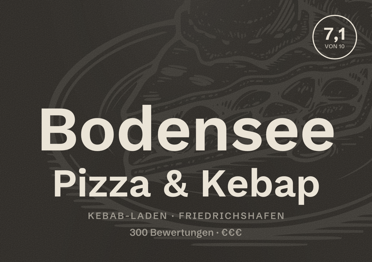 Illustriertes Poster von Bodensee Pizza & Kebap, Kebab-Laden in Friedrichshafen: Bewertung 7,1 von 10 aus 300 Bewertungen, Preisniveau €€€