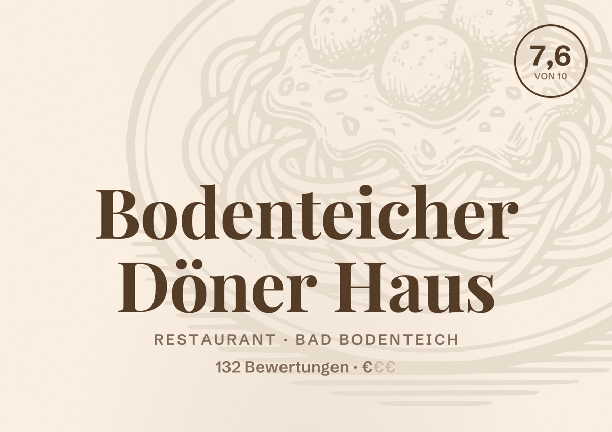 Illustriertes Poster von Bodenteicher Döner Haus, Restaurant in Bad Bodenteich: Bewertung 7,6 von 10 aus 132 Bewertungen, Preisniveau €