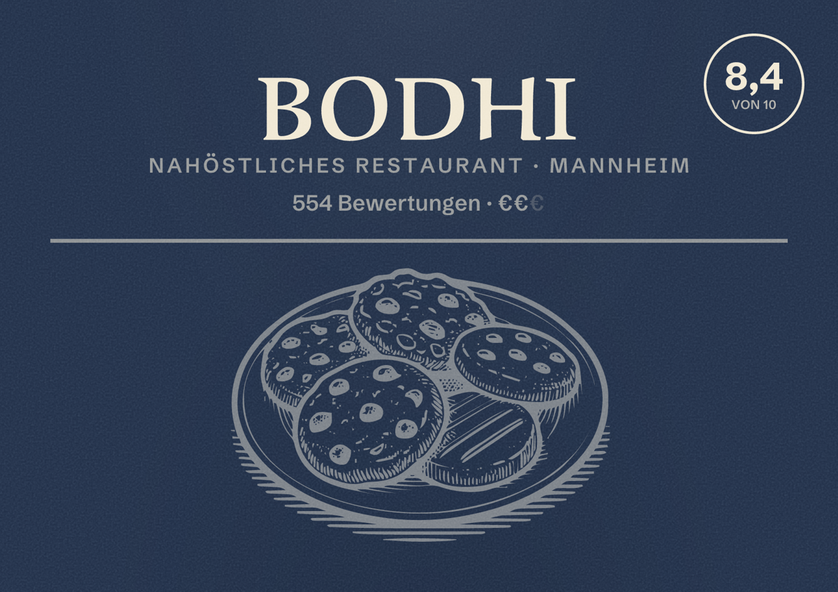 Illustriertes Poster von Bodhi, Nahöstliches Restaurant in Mannheim: Bewertung 8,4 von 10 aus 554 Bewertungen, Preisniveau €€