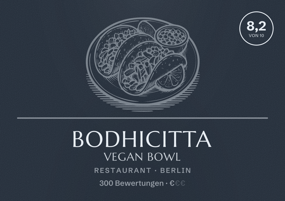 Illustriertes Poster von Bodhicitta Vegan Bowl, Restaurant in Berlin: Bewertung 8,2 von 10 aus 300 Bewertungen, Preisniveau €