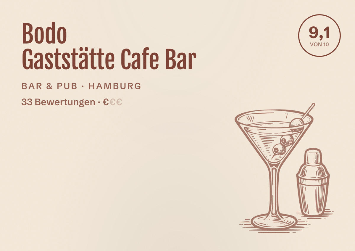 Illustriertes Poster von Bodo Gaststätte Cafe Bar, Bar & Pub in Hamburg: Bewertung 9,1 von 10 aus 33 Bewertungen, Preisniveau €