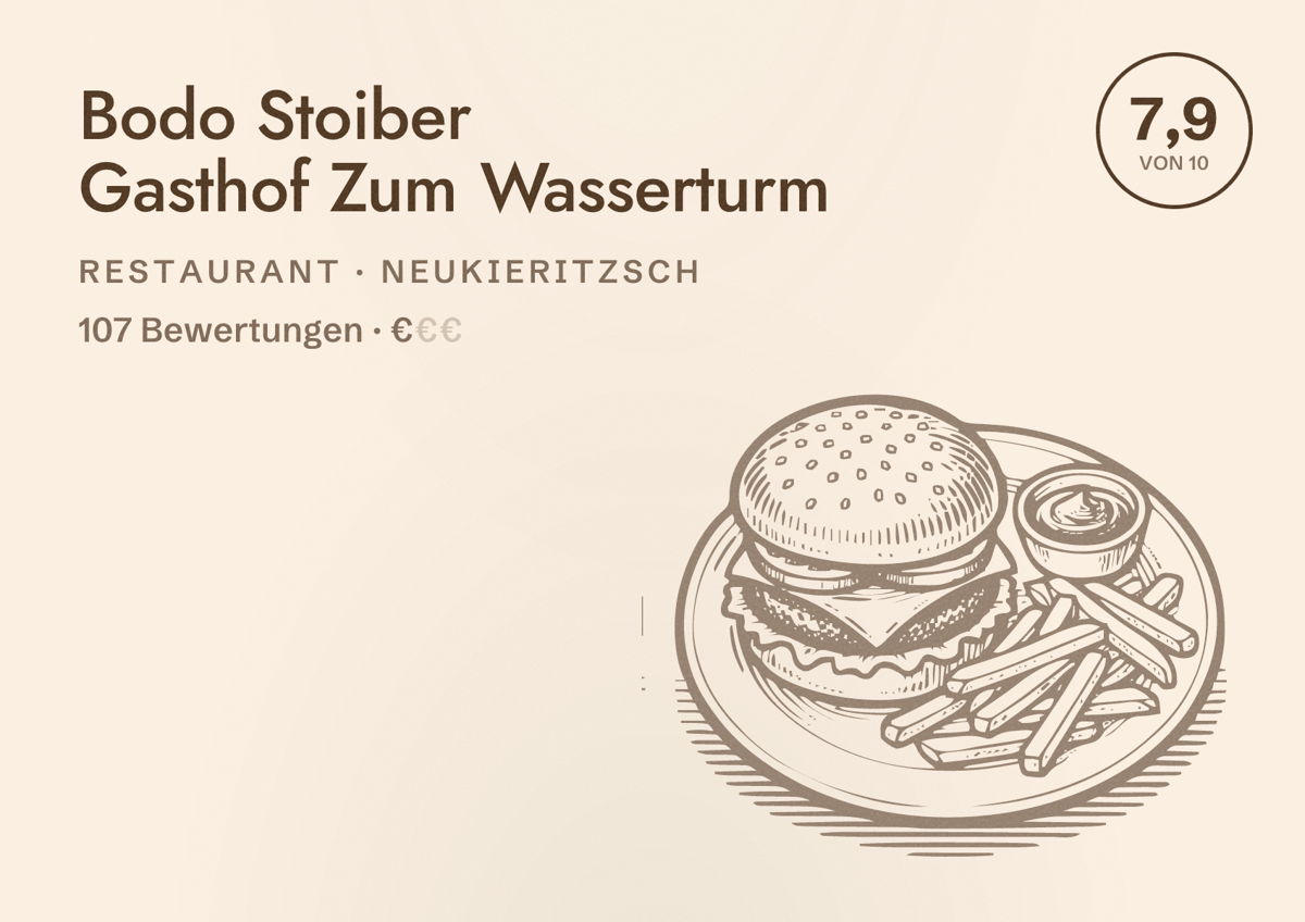 Illustriertes Poster von Bodo Stoiber Gasthof Zum Wasserturm, Restaurant in Neukieritzsch: Bewertung 7,9 von 10 aus 107 Bewertungen, Preisniveau €