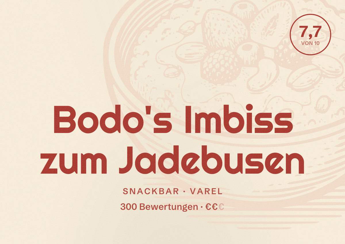 Illustriertes Poster von Bodo's Imbiss zum Jadebusen, Snackbar in Varel: Bewertung 7,7 von 10 aus 300 Bewertungen, Preisniveau €€