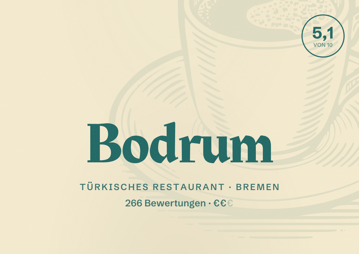 Illustriertes Poster von Bodrum, Türkisches Restaurant in Bremen: Bewertung 5,1 von 10 aus 266 Bewertungen, Preisniveau €€