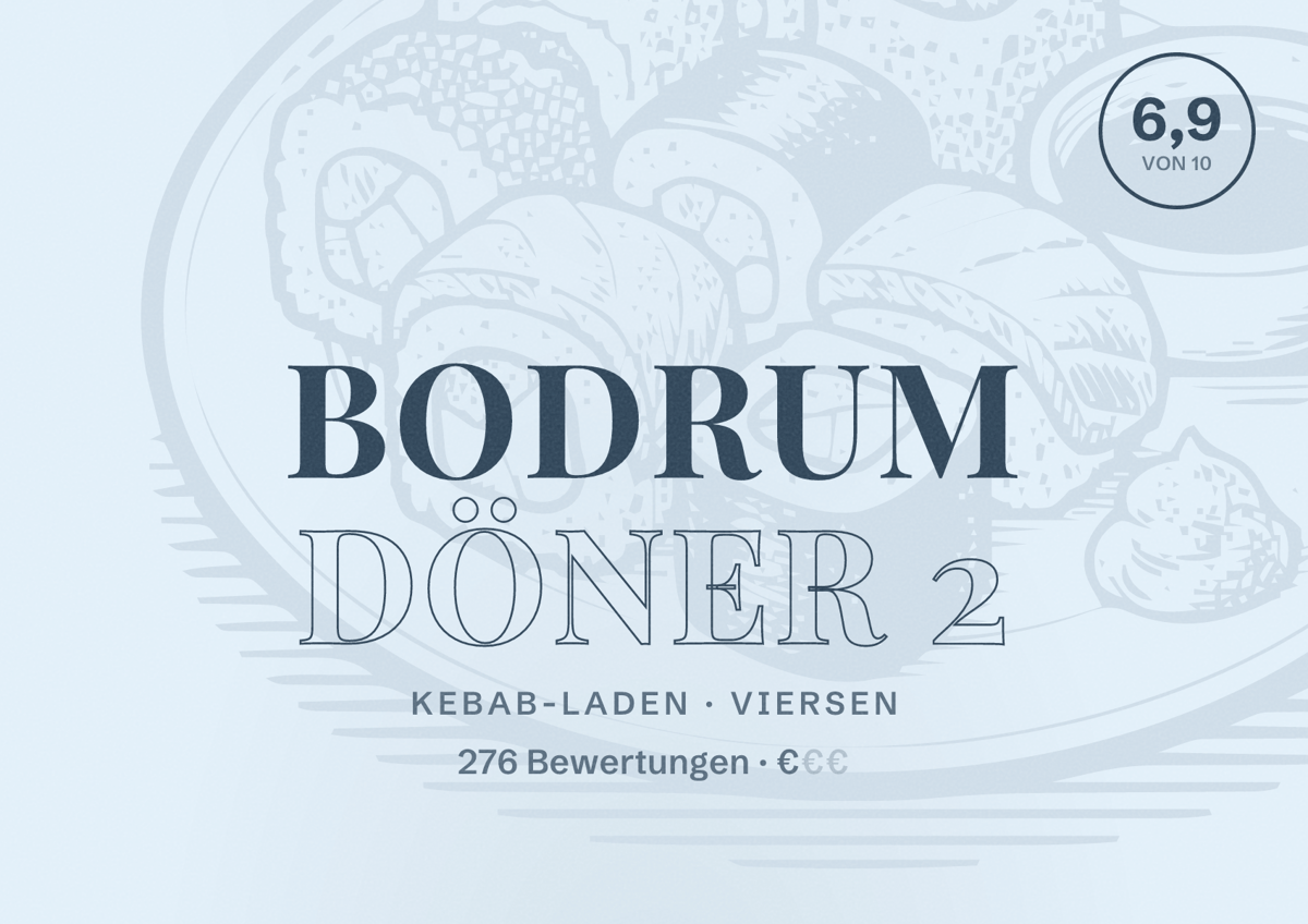Illustriertes Poster von Bodrum Döner 2, Kebab-Laden in Viersen: Bewertung 6,9 von 10 aus 276 Bewertungen, Preisniveau €
