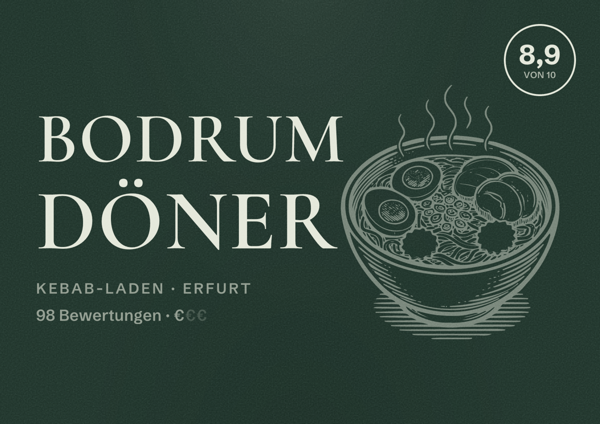 Illustriertes Poster von Bodrum Döner, Kebab-Laden in Erfurt: Bewertung 8,9 von 10 aus 98 Bewertungen, Preisniveau €