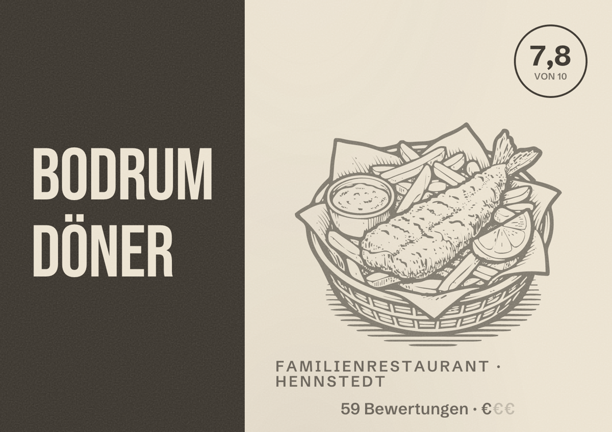 Illustriertes Poster von Bodrum Döner, Familienrestaurant in Hennstedt: Bewertung 7,8 von 10 aus 59 Bewertungen, Preisniveau €